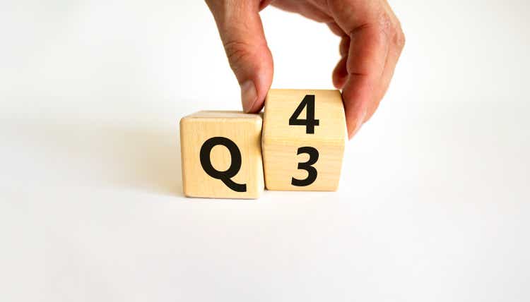 From 3rd to 4th quarter symbol. Businessman turns a wooden cube and changes words