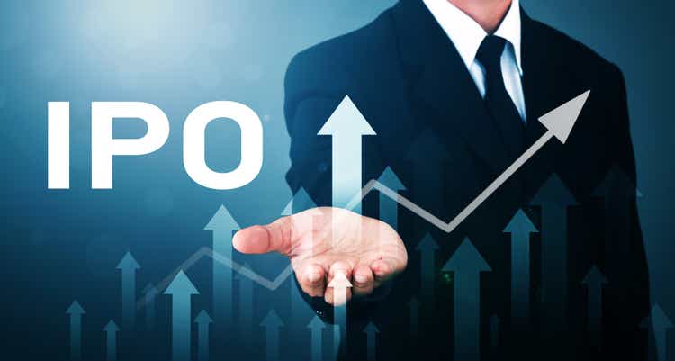 Man without head standing Catching Pose Visual arrow Showing uptrend with IPO text on Blue tone with Len Flare. Initial public offering.